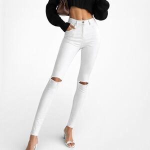 White High Waisted Distressed Ripped Knees Skinny Denim Jeans Size 24/XS